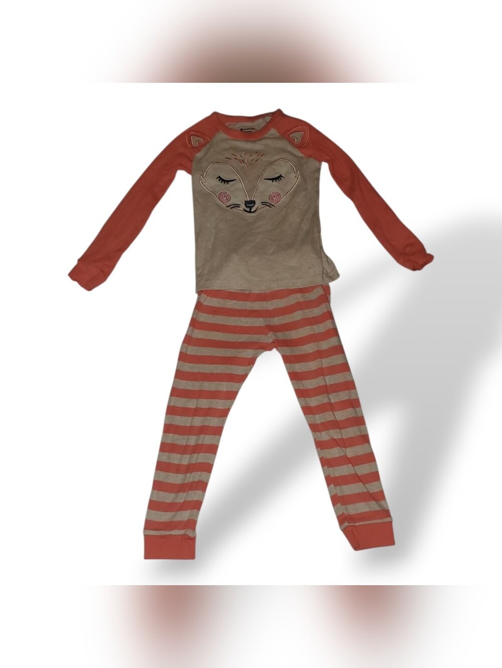 Girls Beige and Coral Fox Pajama Set - Kids Long Sleeve Two-Piece